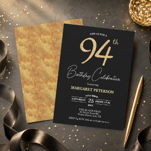 Elegant Black Gold Glitter 94th Birthday Party Invitation