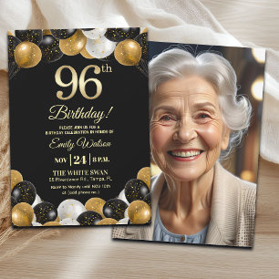 Elegant Black Gold Glitter 96th Birthday Photo Invitation