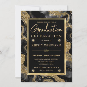 Elegant Black & Gold Glitter Agate Graduation Invitation