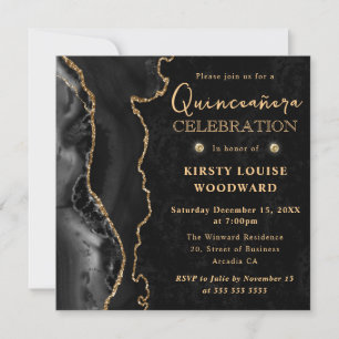 Elegant Black Gold Glitter Agate Quinceanera Invitation