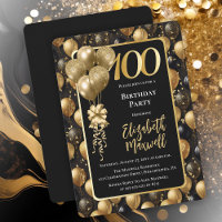 Elegant Black Gold Glitter Balloon 100th Birthday