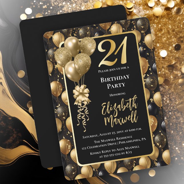 Elegant Black Gold Glitter Balloons 21st Birthday  Invitation (Elegant Black Gold-Tone Faux Glitter Balloons Pattern 21st Birthday Party Invitation 
Print Digital)