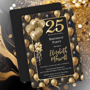 Elegant Black Gold Glitter Balloons 25th Birthday  Invitation
