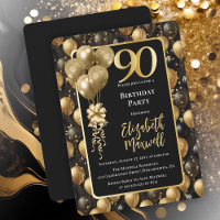 Elegant Black Gold Glitter Balloons 90th Birthday