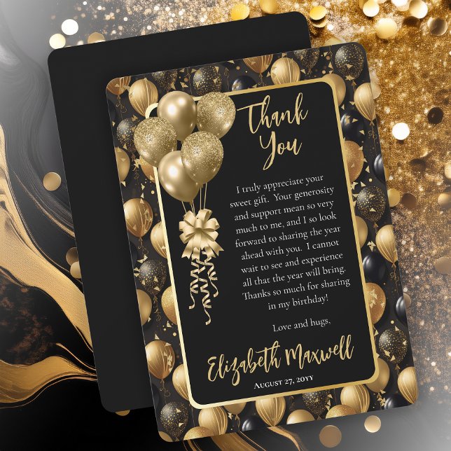 Elegant Black Gold Glitter Balloons Birthday  Thank You Card (Elegant Black Gold-Tone Faux Glitter Balloons Pattern Birthday Party Thank You Card)