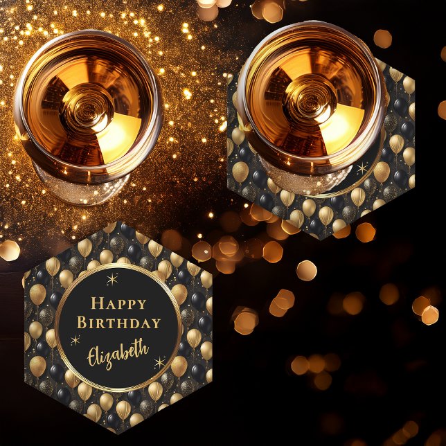  Elegant Black Gold Glitter Balloons Pattern A021 Paper Coaster (Elegant Black and Faux Gold Glitter Balloons Pattern "Happy Birthday" Hexagonal Paper Coaster)