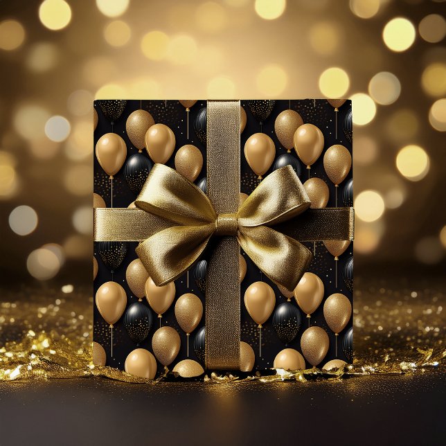  Elegant Black Gold Glitter Balloons Pattern A024 Wrapping Paper (Elegant and Festive Black and Faux Gold Glitter Balloons Pattern A024 Wrapping Paper)