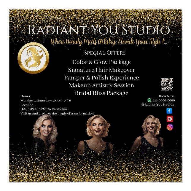 Elegant Black Gold Glitter Beauty Salon Glamour  Poster (Front)