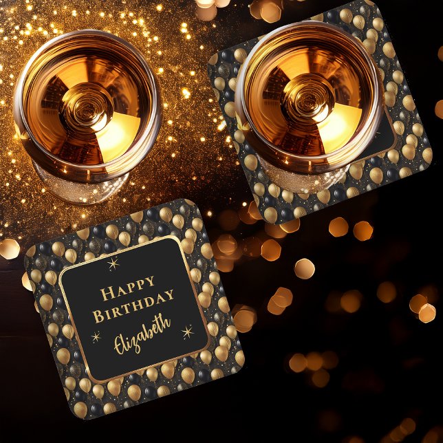 Elegant Black Gold Glitter Birthday Balloons Square Paper Coaster (Elegant Black and Faux Gold Glitter Balloons Pattern "Happy Birthday" Square Coaster)