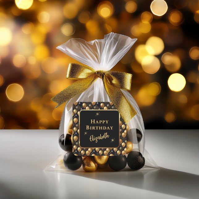  Elegant Black Gold Glitter Birthday Balloons Square Sticker (Elegant Black and Faux Gold Glitter Balloons Pattern "Happy Birthday" Favor Square Sticker)