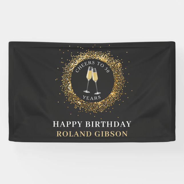 Elegant Black & Gold Glitter Birthday Banner (Horizontal)