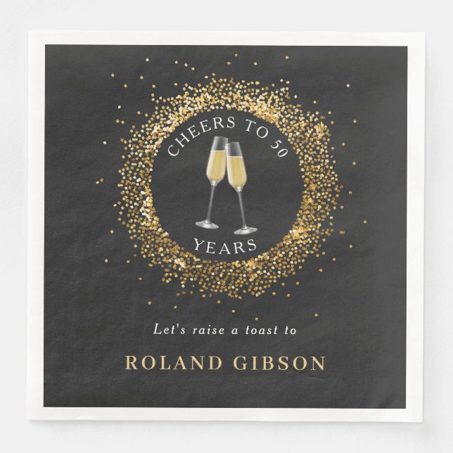 Elegant Black & Gold Glitter Birthday Party Napkin (Front)