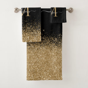 Elegant Black Gold Glitter Border Monogram Script Bath Towel Set