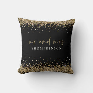 Elegant Black Gold Glitter Borders New Mr Mrs Name Cushion