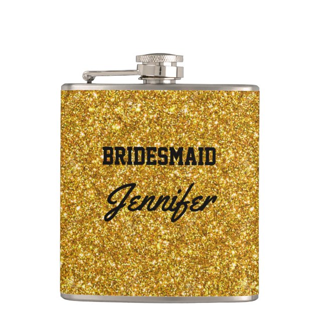 Elegant Black Gold Glitter Brooch Bridesmaids Hip Flask (Front)