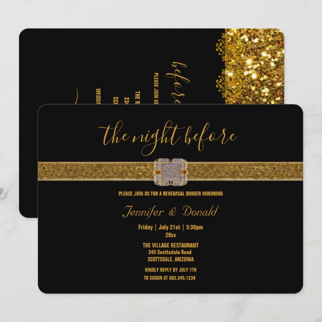 Elegant Black Gold Glitter Brooch Rehearsal Dinner Invitation (Front/Back)