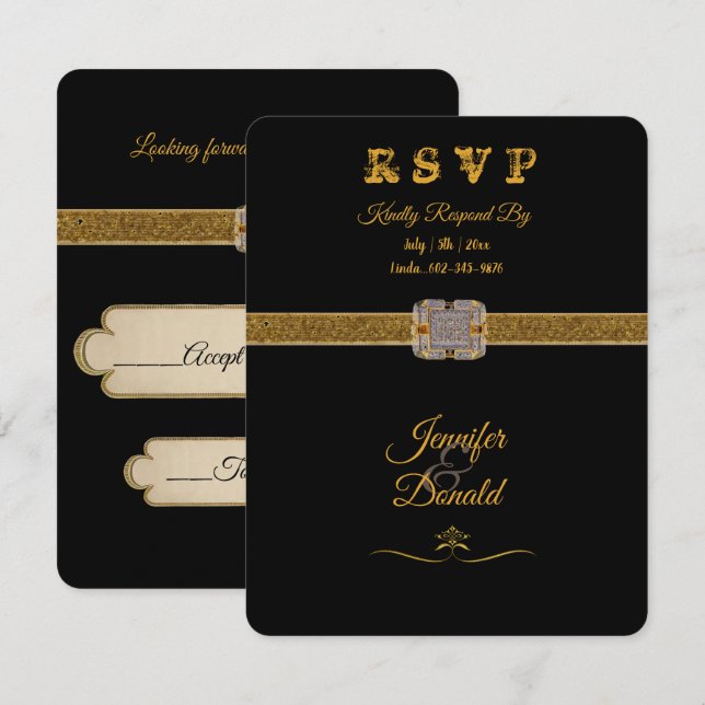 Elegant Black Gold Glitter Brooch  RSVP Card (Front/Back)