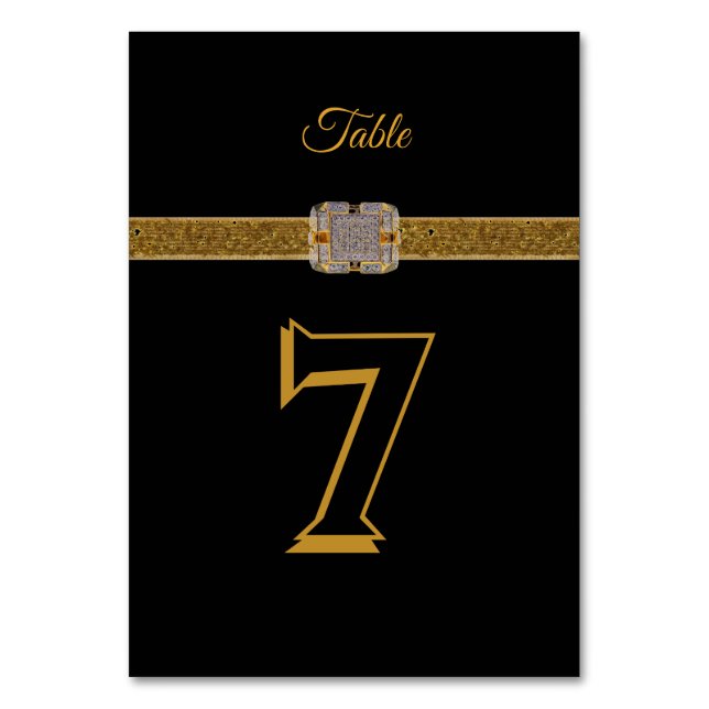 Elegant Black Gold Glitter Brooch Table Number (Front)