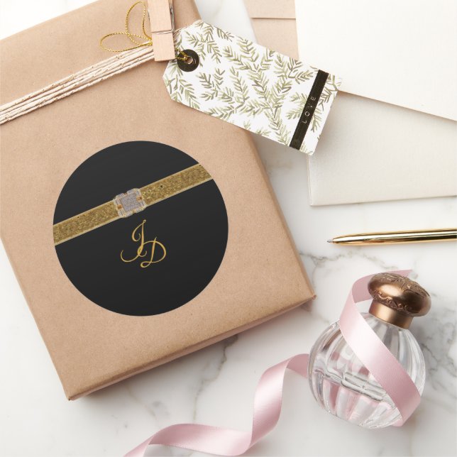 Elegant Black Gold Glitter Brooch Wedding Classic Round Sticker (Gifting)