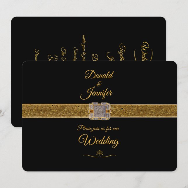 Elegant Black Gold Glitter Brooch Wedding Invitation (Front/Back)