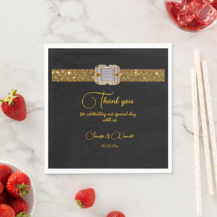 Elegant Black Gold Glitter Brooch Wedding Napkin