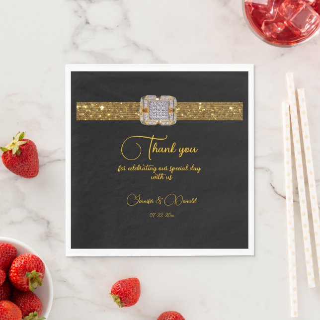Elegant Black Gold Glitter Brooch Wedding Napkin (Insitu)