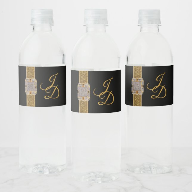 Elegant Black Gold Glitter Brooch Wedding Water Bottle Label (Bottles)