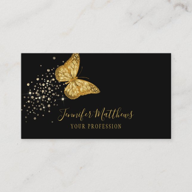 Elegant Black Gold Glitter Butterfly Business Card (Front)
