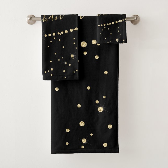 Elegant Black Gold Glitter Confetti Monogrammed Bath Towel Set (Insitu)
