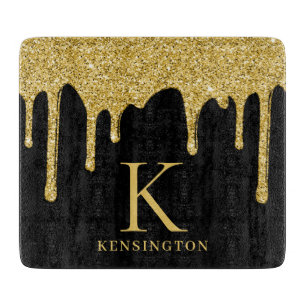 Elegant Black Gold Glitter Drips Monogram Cutting Board