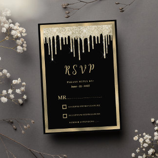 Elegant black gold glitter drips RSVP Invitation