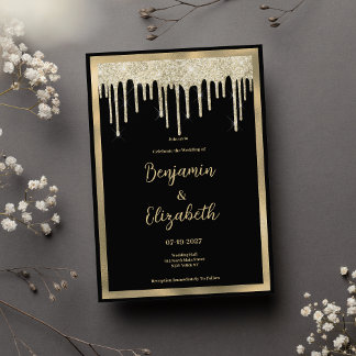 Elegant black gold glitter drips Wedding Invitation