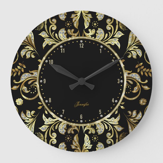 Elegant Black & Gold Glitter Floral Damasks 2 Large Clock (Front)