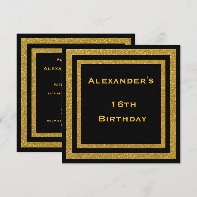 Elegant Black & Gold Glitter Framed 16th Birthday Invitation (Front/Back)