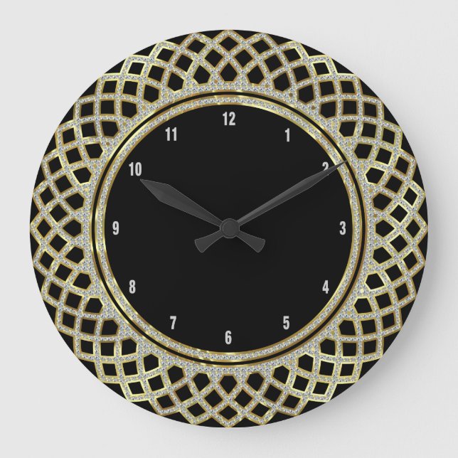 Elegant Black Gold & Glitter Geometric Pattern Large Clock (Front)