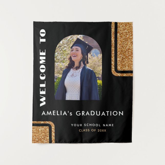 Elegant Black Gold Glitter Graduate Photo Welcome  Tapestry (Front)