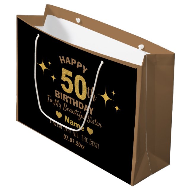 Elegant Black & Gold Glitter Happy 50th Birthday  Large Gift Bag (Front Angled)