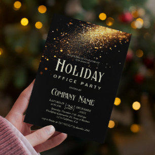 Elegant Black Gold Glitter Holiday Office Party Invitation