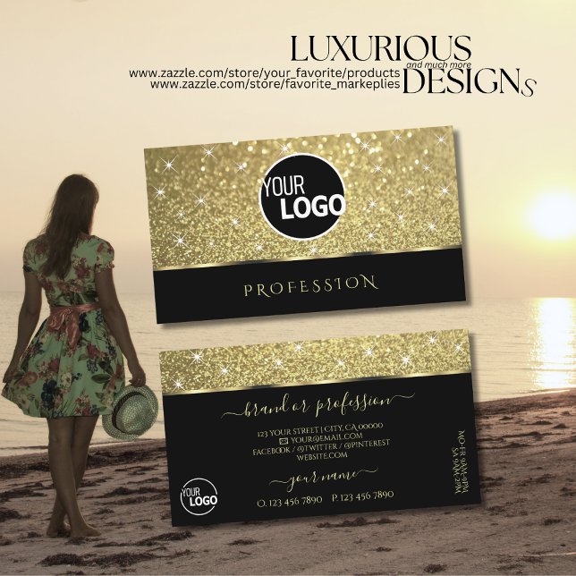 Elegant Black Gold Glitter Luminous Stars add Logo Business Card (Creator Uploaded)
