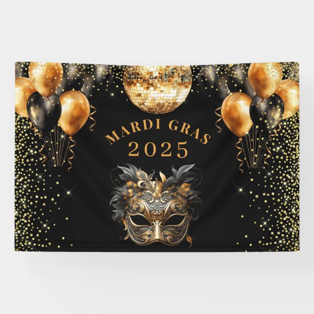 Elegant Black Gold Glitter Mardi Gras 2025 Banner (Horizontal)
