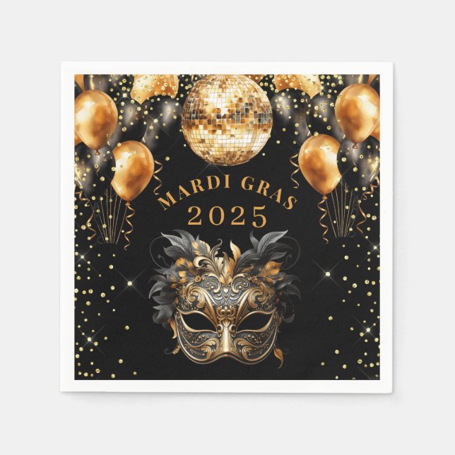 Elegant Black Gold Glitter Mardi Gras 2025 Napkin (Front)