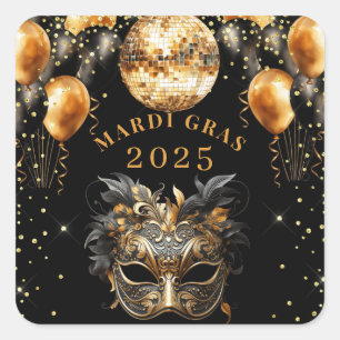 Elegant Black Gold Glitter Mardi Gras 2025 Square Sticker