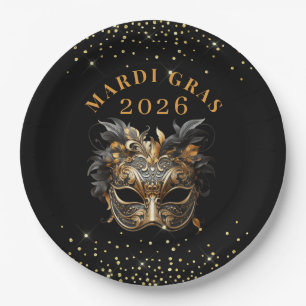 Elegant Black Gold Glitter Mardi Gras 2026 Paper Plate