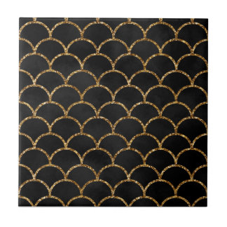 Elegant Black Gold Glitter Mermaid Scale Pattern Tile