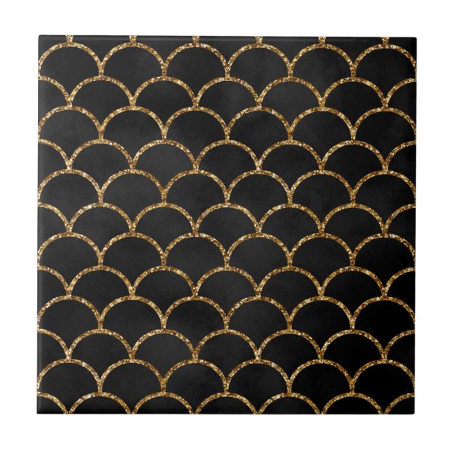 Elegant Black Gold Glitter Mermaid Scale Pattern Tile (Front)