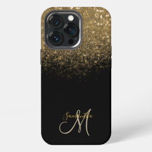 Elegant Black & Gold Glitter Monogram iPhone 13 Pro Case