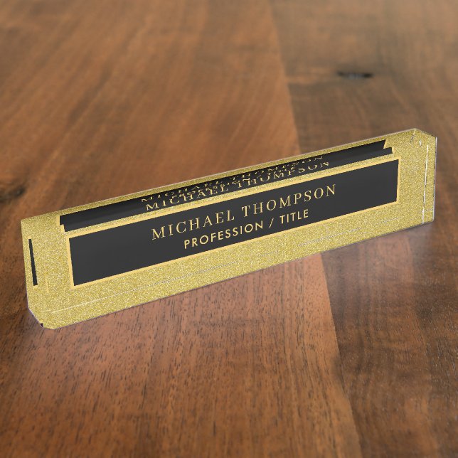 Elegant Black Gold Glitter Personalised Name  Nameplate (Side)