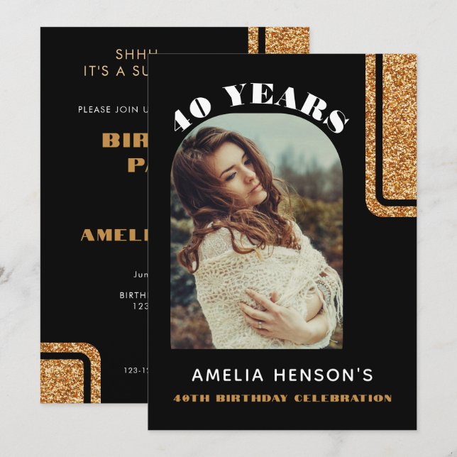 Elegant Black Gold Glitter Photo 40th Birthday Invitation (Front/Back)