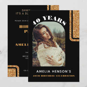 Elegant Black Gold Glitter Photo 40th Birthday Invitation