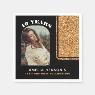 Elegant Black Gold Glitter Photo 40th Birthday Napkin